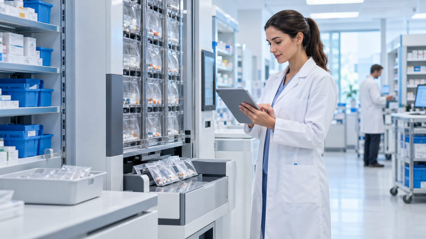 Técnica supervisando un sistema de automatización farmacéutica SPD
