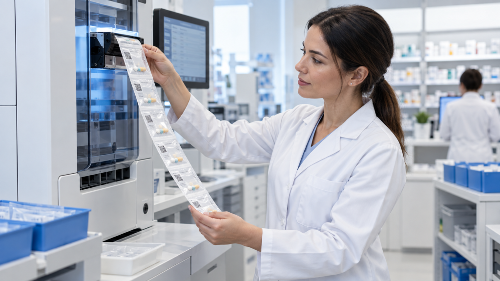 Farmacéutica verificando bolsas de medicación en un sistema SPD automatizado