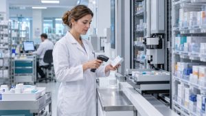 Farmacéutica verificando un medicamento junto a un sistema automatizado de almacenamiento y dispensación