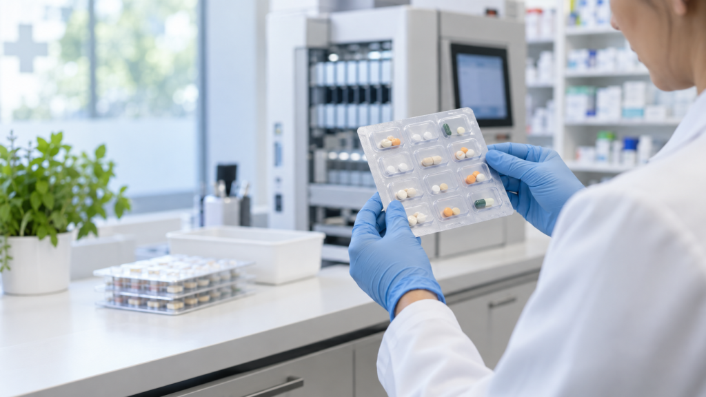 Farmacéutica revisando un Sistema Personalizado de Dosificación preparado mediante automatización